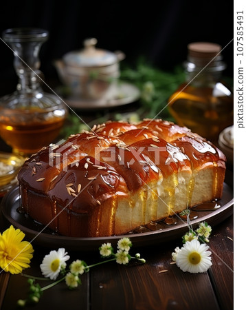 Lush fresh buns with honey and tea on the table. AI Lush fresh buns with honey and tea on the table. AI 107585491