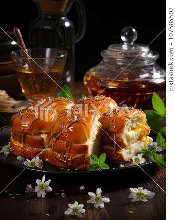 Lush fresh buns with honey and tea on the table. AI 107585502