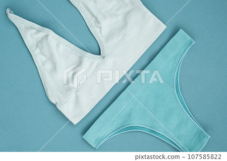 Females underwear set. Monochrome flat lay. Females underwear set. Monochrome flat lay. 107585822