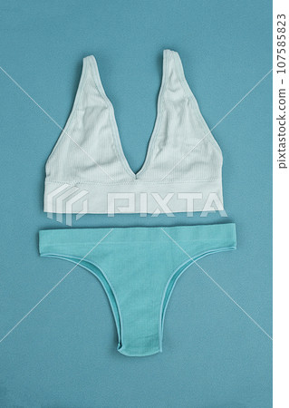 Females underwear set. Monochrome flat lay. 107585823