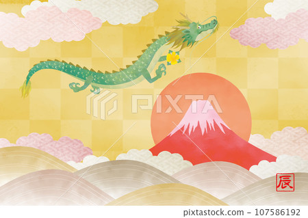 Congratulatory material for New Year's cards with a dragon and red Fuji for the first day of the year 107586192