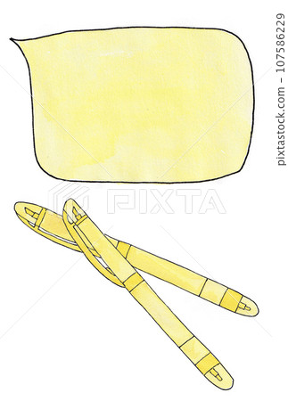 Illustration set of yellow speech bubbles and highlighters drawn with water-based pens and transparent watercolors 107586229