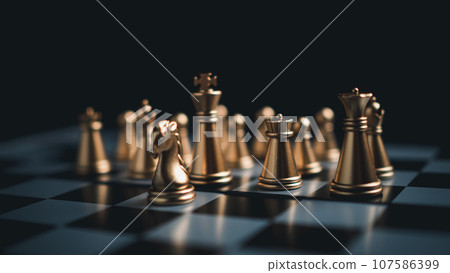 Gold and silver chess pieces in chess board game for business comparison. Leadership concepts, human resource management concepts. 107586399