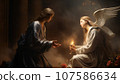 Pictoric recreation of The Annunciation by the archangel Gabriel to Virgin Mary. Illustration AI 107586634