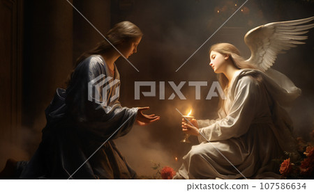 Pictoric recreation of The Annunciation by the archangel Gabriel to Virgin Mary. Illustration AI 107586634
