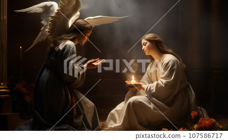 Tenebrist recreation of The Annunciation by the archangel Gabriel to Virgin Mary. Illustration AI 107586717