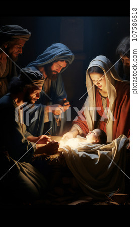 Vertical pictoric recreation of the adoration of shepherds in the birth of jesus baby in nativity scene. Illustration AI Vertical pictoric recreation of the adoration of shepherds in the birth of jesus baby in nativity scene. Illustration AI 107586818