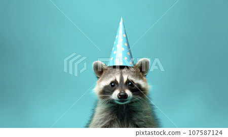 Funny racoon with birthday party hat on blue background 107587124