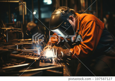 Industrial welder with protective helmet working with arc welding machine 107587127