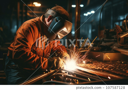 Industrial welder with torch and protective helmet 107587128