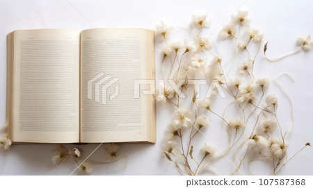 An open book with white flowers on a white background. The book has text on it and the flowers are fluffy and delicate. The image is soft and dreamy. A beautiful image for spring, nature, or reading 107587368