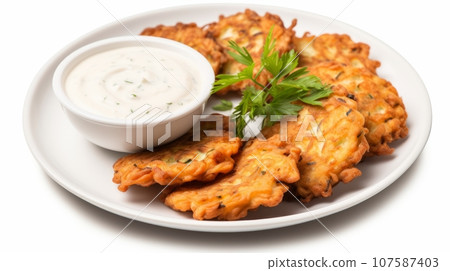 Vegetarian zucchini pancakes and fritters are served with sour cream and fresh herbs.isolated on a white background. Vegetarian zucchini pancakes and fritters are served with sour cream and fresh herbs.isolated on a white background. 107587403