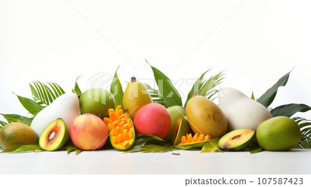 A tropical fruit arrangement of mangoes, papayas, and coconuts that evokes a sense of paradise. A tropical fruit arrangement of mangoes, papayas, and coconuts that evokes a sense of paradise. 107587423