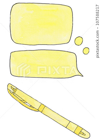 Illustration set of two yellow speech bubbles and highlighter drawn with water-based pen and transparent watercolor paint 107588217