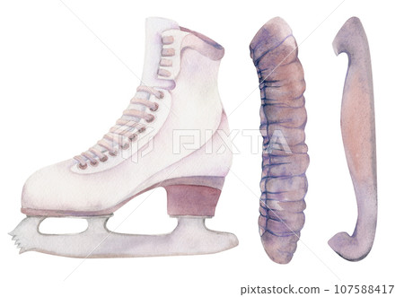 Hand drawn watercolor figure skating boots, guards and soakers, winter sports footwear. Illustration isolated object, white background. Design poster, print, website, card, invitation, shop brochure Hand drawn watercolor figure skating boots, guards and soakers, winter sports footwear. Illustration isolated object, white background. Design poster, print, website, card, invitation, shop brochure 107588417