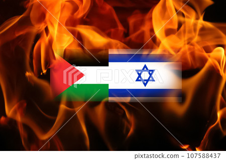 Flags of Israel and Palestine on fire flame background. Concept of the Conflict between Israel and the Palestinian Authorities. Palestine Israel war Flags of Israel and Palestine on fire flame background. Concept of the Conflict between Israel and the Palestinian Authorities. Palestine Israel war 107588437