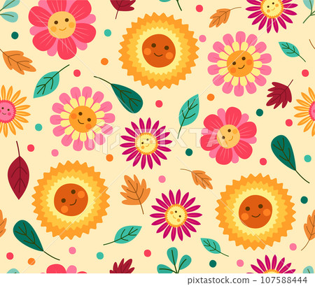 Seamless Pattern with Cute Cartoon Colorful Flowers for Blossom Background Concept Illustration Seamless Pattern with Cute Cartoon Colorful Flowers for Blossom Background Concept Illustration 107588444