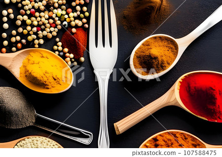 Spices and herbs in wooden spoons on a black background. Generative AI. 107588475