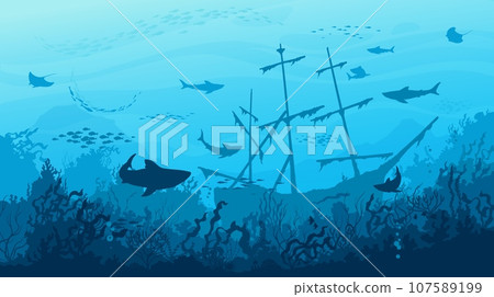 Sea sharks, sunken ship and fish shoal silhouettes in underwater sea landscape, vector background. Undersea coral reef or ocean landscape with sunken boat, stingray and sharks in deep blue water Sea sharks, sunken ship and fish shoal silhouettes in underwater sea landscape, vector background. Undersea coral reef or ocean landscape with sunken boat, stingray and sharks in deep blue water 107589199