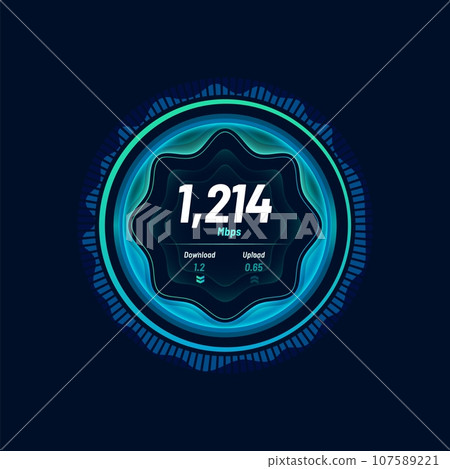 Speedometer neon dial, internet traffic speed gauge dashboard, vector futuristic interface. Internet traffic fast test meter of digital network and website connection for download or upload Mbps gauge Speedometer neon dial, internet traffic speed gauge dashboard, vector futuristic interface. Internet traffic fast test meter of digital network and website connection for download or upload Mbps gauge 107589221