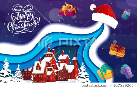 Christmas paper cut greetings with santa hat and little winter town. Vector double exposition 3d effect with cartoon snowy houses, snowfall, pines at holiday eve. Night city landscape with cottages Christmas paper cut greetings with santa hat and little winter town. Vector double exposition 3d effect with cartoon snowy houses, snowfall, pines at holiday eve. Night city landscape with cottages 107589265