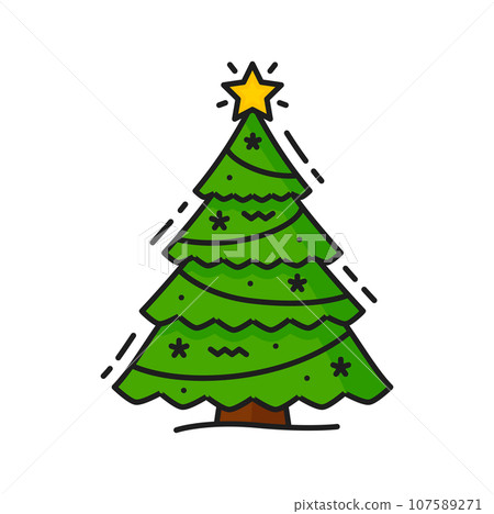 Decorated green Christmas tree with star on top line icon. Vector evergreen pine fir tree with garlands and snowflakes, Xmas New Year symbol Decorated green Christmas tree with star on top line icon. Vector evergreen pine fir tree with garlands and snowflakes, Xmas New Year symbol 107589271