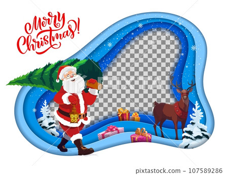 Christmas paper cut frame with cartoon Santa and Xmas gifts. Vector layered papercut wavy frame with Santa Claus carrying Christmas tree over shoulder, winter holiday presents, deer and snowflakes Christmas paper cut frame with cartoon Santa and Xmas gifts. Vector layered papercut wavy frame with Santa Claus carrying Christmas tree over shoulder, winter holiday presents, deer and snowflakes 107589286