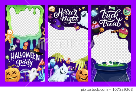 Halloween social media templates for holiday of horror night, vector frames with cartoon monsters. Halloween holiday spooky pumpkin lanterns, scary ghosts with trick or treat sweets and witch cauldron Halloween social media templates for holiday of horror night, vector frames with cartoon monsters. Halloween holiday spooky pumpkin lanterns, scary ghosts with trick or treat sweets and witch cauldron 107589308