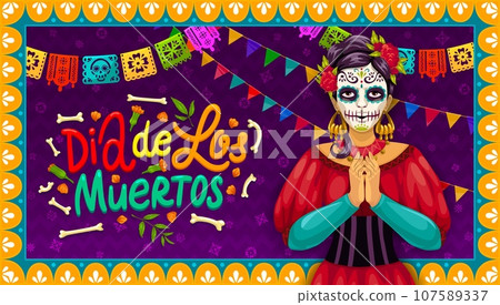 Mexican Dia de Los Muertos holiday banner with Catrina calavera, vector papel picado flags frame. Dia de Los Muertos and Day of Dead Catrina calavera with skulls, bones and marigold flowers for fiesta 107589337