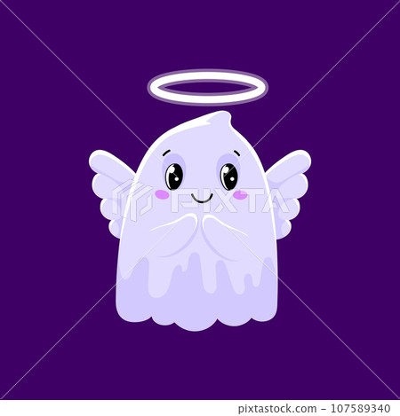 Cartoon cute Halloween kawaii ghost angel character. Isolated vector spook with white wings, halo, rosy cheeks, and an endearing smile, radiating a gentle and whimsical aura of innocence and sweetness Cartoon cute Halloween kawaii ghost angel character. Isolated vector spook with white wings, halo, rosy cheeks, and an endearing smile, radiating a gentle and whimsical aura of innocence and sweetness 107589340