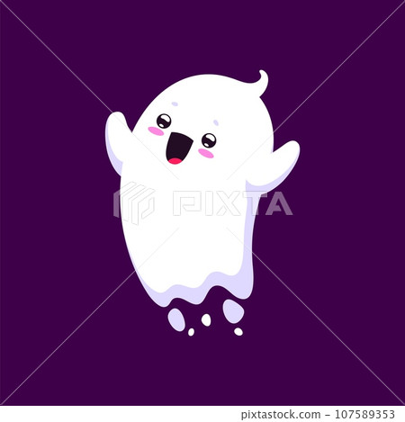 Cartoon Halloween kawaii ghost character with wide eyes, blushing cheeks, and a playful grin. Isolated vector adorable baby phantom, cute and spooky personage rejoice and express positive emotions 107589353