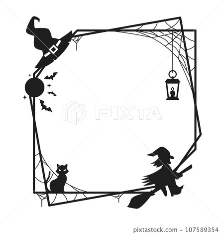 Halloween holiday black frame with silhouettes of cobweb, witch riding broomstick, wizard hat and black cat, lantern and flying bats. Isolated vector decorative border or vignette with spooky decor 107589354