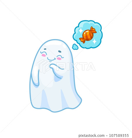 Halloween kawaii ghost character daydreams about sweets and sugary treats. Vector baby spook with rosy cheeks and a happy face expression floating with closed eyes and cloud with candy over its head Halloween kawaii ghost character daydreams about sweets and sugary treats. Vector baby spook with rosy cheeks and a happy face expression floating with closed eyes and cloud with candy over its head 107589355