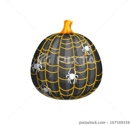 Halloween cartoon painted pumpkin with cobweb holiday ornament. Isolated vector black festive gourd with orange spiderweb and spiders, creating eerie decoration in celebratory spirit of the holiday 107589356