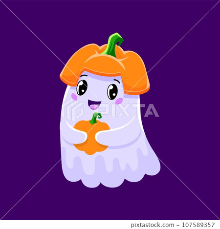 Cartoon cute Halloween kawaii ghost character with pumpkin hat and in hands, adding a charming twist to spooky holiday. Adorable, playful vector spook captures the spirit of season in a whimsical way Cartoon cute Halloween kawaii ghost character with pumpkin hat and in hands, adding a charming twist to spooky holiday. Adorable, playful vector spook captures the spirit of season in a whimsical way 107589357