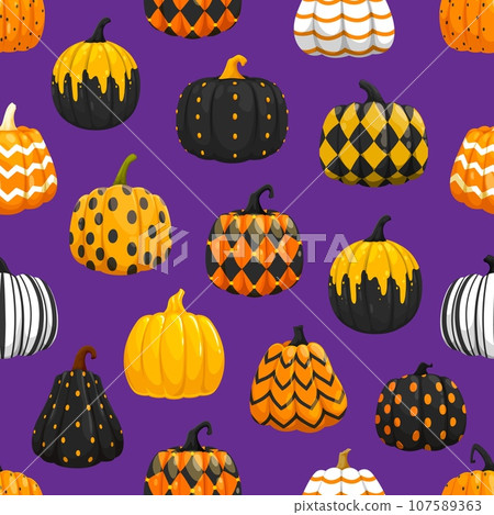 Seamless pattern of halloween painted pumpkins with holiday ornament. Vector tile background with colorful gourd plants with black, orange and white decor such as dots, rhombus, stripes or zig-zag 107589363