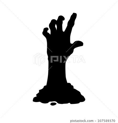 Zombie hand black silhouette, isolated vector decaying arm, with jagged fingers and a haunting presence sticking up from the ground or grave, embodies the horror of the undead and Halloween spirit 107589370