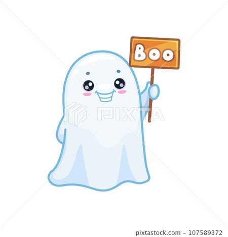 Halloween kawaii ghost character holding boo banner. Isolated cartoon vector adorable baby spook with rosy cheeks, wide smile and a playful expression radiating a charming, cute and friendly aura 107589372