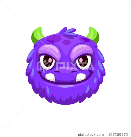 Cartoon halloween monster emoji. Isolated vector funny creature face emoticon with wild eyes, fangs, purple fur, green horns and eerie grinning, embodies spooky fun for festive digital expressions 107589373