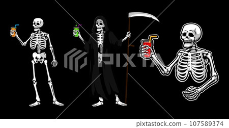 Halloween skeleton and reaper with scythe drinking cocktail. Isolated vector spooky personages sip eerie beverages, embodying the macabre spirit of the night, adding a spooky twist to the celebration 107589374