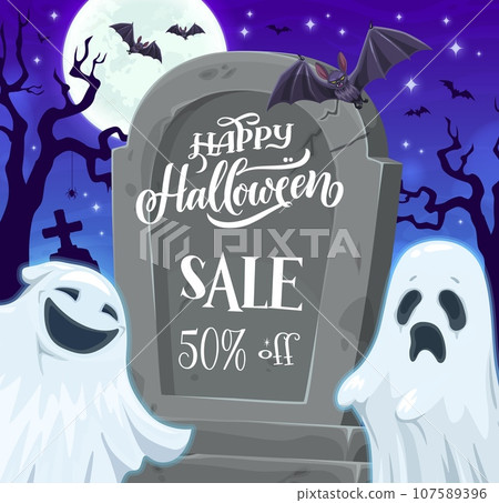 Halloween sale banner, cartoon ghosts on gravestone. Vector ads background for autumn seasonal discount offer. Advertisement card with funny flying white sheet spirits at night cemetery with bats 107589396