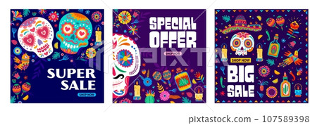 Mexican Dia De Los Muertos or Day of Dead holiday sale vector banners for special offer. Flash sale and hot deal promotion banner for shop on Dia De Los Muertos holiday with calavera skulls ornament 107589398