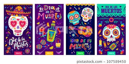 Dia De Los Muertos Mexican holiday banners, Day of Dead calavera sugar skulls in sombrero, vector background. Mexican fiesta holiday guitar, maracas and tequila with chili pepper and candles 107589450