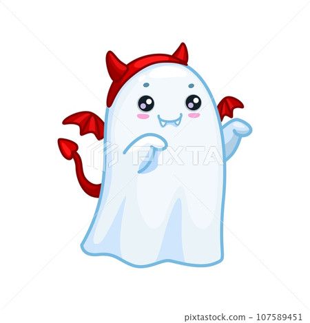 Halloween kawaii ghost character wearing red devil horns, wings and tail for a whimsical party look. Adorable cartoon cute vector baby spook combining funny elements for a charming and unique costume Halloween kawaii ghost character wearing red devil horns, wings and tail for a whimsical party look. Adorable cartoon cute vector baby spook combining funny elements for a charming and unique costume 107589451