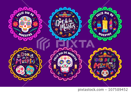 Dia de Los Muertos Mexican holiday stickers labels and vector tags with calavera skulls. Mexican sombrero, maracas and chili pepper with candles in papel picado frames for Dia de Los Muertos stickers 107589452
