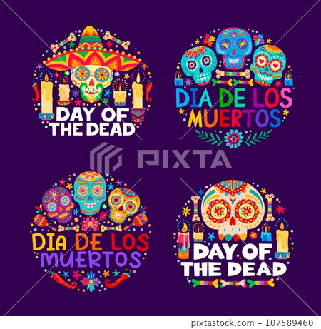 Mexican Dia De Los Muertos or Day of Dead holiday banners, vector calavera skulls. Dia de Los Muertos fiesta decorations with candles, chili peppers and Mexican floral ornament for dead day carnival 107589460