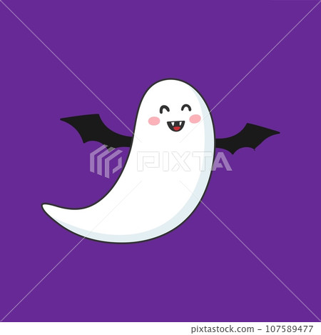 Cartoon kawaii Halloween ghost character. Isolated vector funny spook with friendly eyes, bat wings, fangs and white, smiling form, floats playfully with a little wisp of a tail trailing behind Cartoon kawaii Halloween ghost character. Isolated vector funny spook with friendly eyes, bat wings, fangs and white, smiling form, floats playfully with a little wisp of a tail trailing behind 107589477