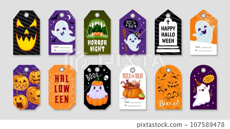 Halloween gift tags, cards and labels, vector horror holiday monsters. Cute cartoon pumpkins, ghosts, trick or treat party candies and vampire mouth characters, bats, skulls, witch hat and broom 107589478
