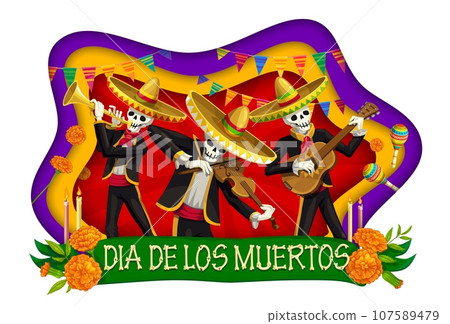 Dia de Los Muertos paper cut banner or Day of Dead skeleton mariachi musicians, vector Mexican holiday fiesta. Dia de Los Muertos greeting card with paper cut calavera skeletons with sombrero, guitar 107589479