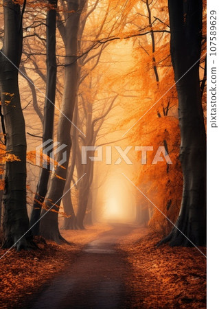 Magic autumn forest with walking path, beautiful autumn landscape. Magic autumn forest with walking path, beautiful autumn landscape. 107589629